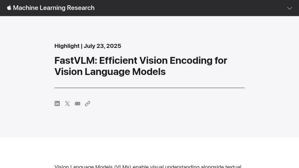 Screenshot of machinelearning.apple.com: FastVLM: Efficient Vision Encoding for Vision Language Models