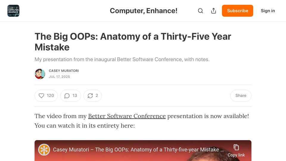 Screenshot of computerenhance.com: The Big OOPs: Anatomy of a Thirty-Five Year Mistake
