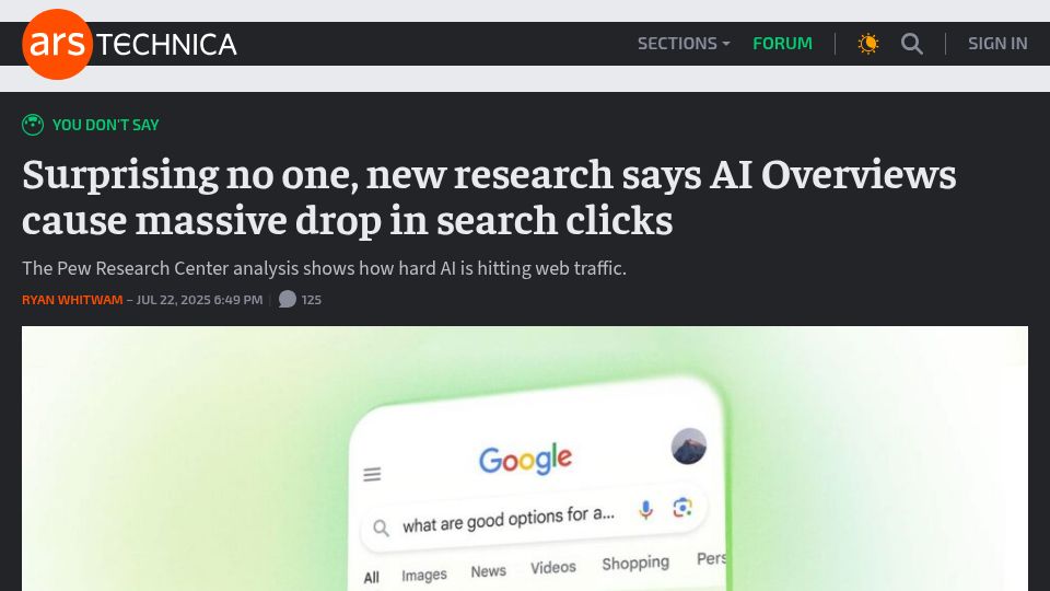 Screenshot of arstechnica.com: AI overviews cause massive drop in search clicks