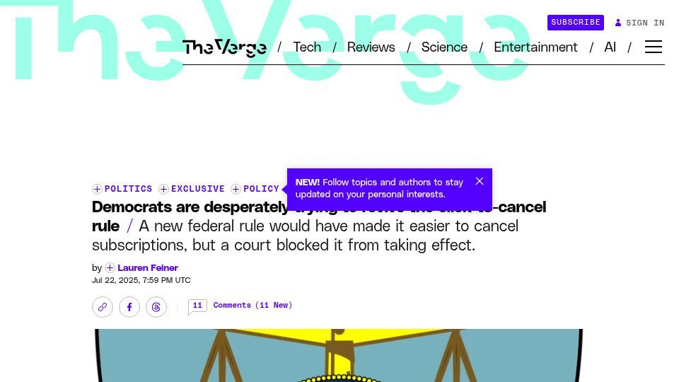 Screenshot of theverge.com: Democrats are desperately trying to revive the click-to-cancel rule