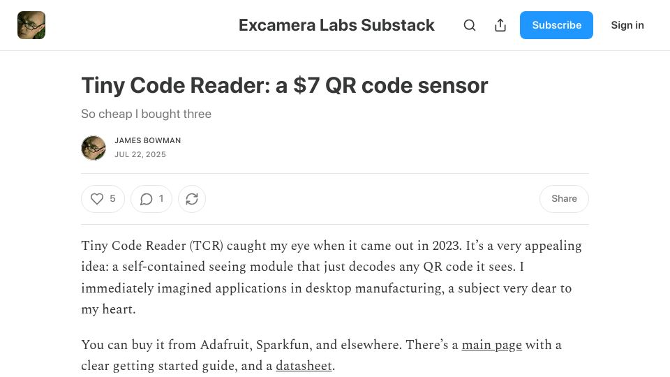 Screenshot of excamera.substack.com: Tiny Code Reader: a $7 QR code sensor