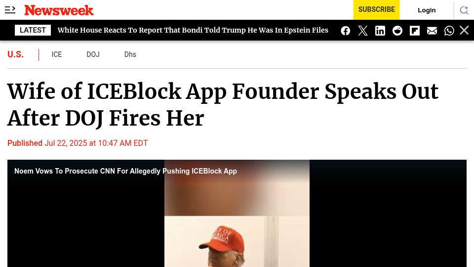 Screenshot of newsweek.com: Wife of ICEBlock app founder speaks out after DOJ fires her