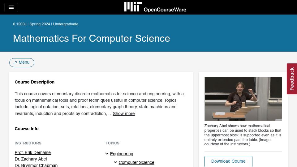 Screenshot of ocw.mit.edu: Mathematics for Computer Science (2024)