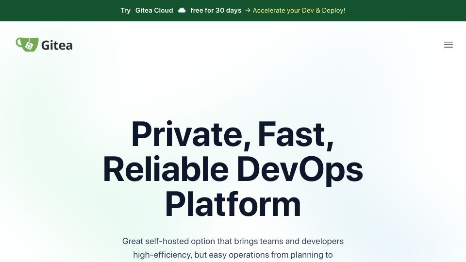 Screenshot of about.gitea.com: Gitea Private, Fast, Reliable DevOps Platform