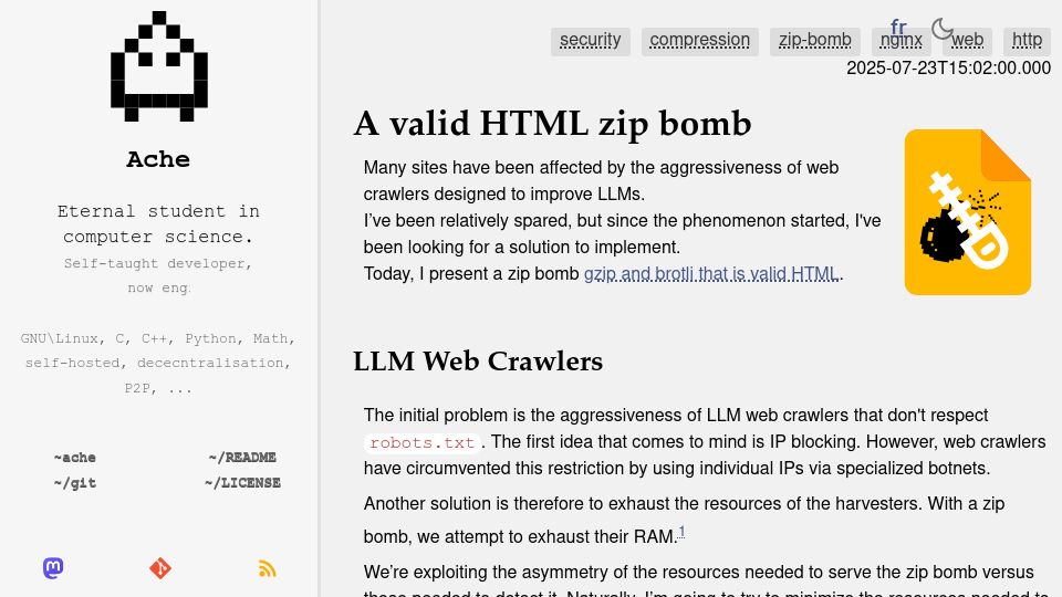 Screenshot of ache.one: A valid HTML zip bomb