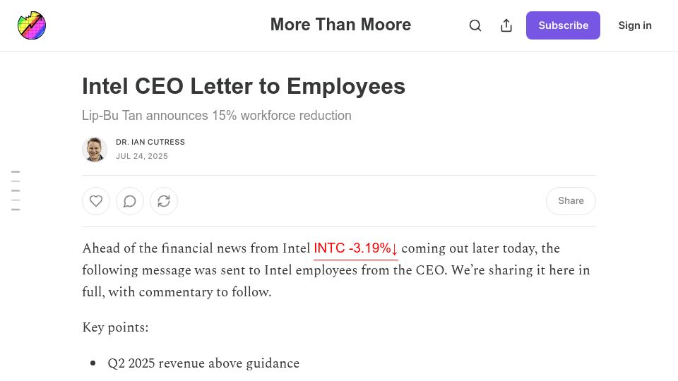 Screenshot of morethanmoore.substack.com: Intel CEO Letter to Employees