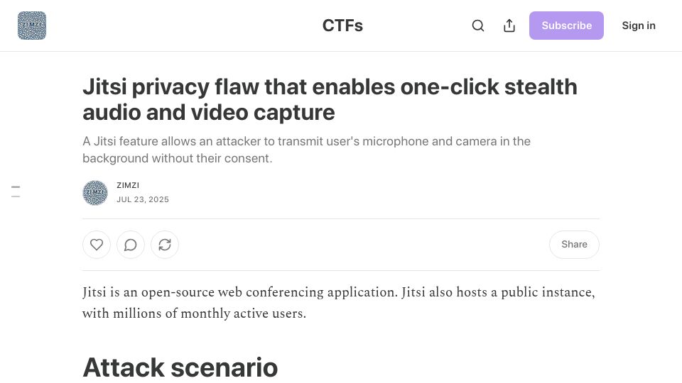 Screenshot of zimzi.substack.com: Jitsi privacy flaw enables one-click stealth audio and video capture