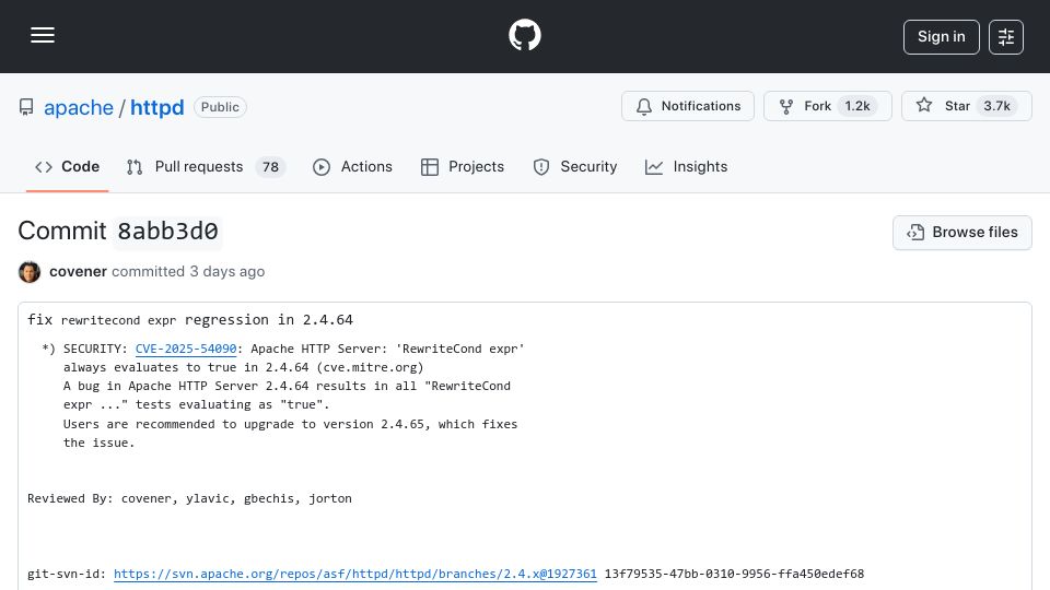 Screenshot of github.com: Apache HTTP Server: 'RewriteCond expr' always evaluates to true