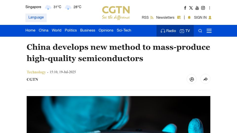 Screenshot of news.cgtn.com: China develops new method to mass-produce high-quality semiconductors