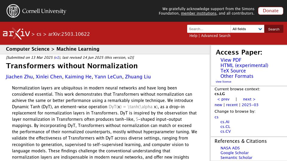 Screenshot of arxiv.org: Transformers without normalization