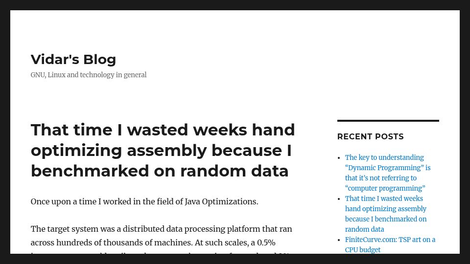 Screenshot of vidarholen.net: I wasted weeks hand optimizing assembly because I benchmarked on random data