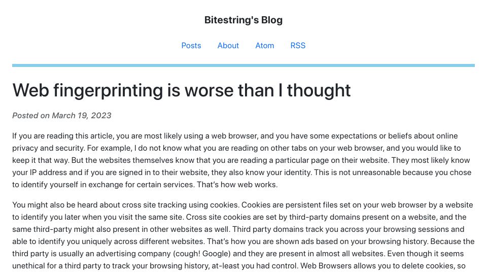 Screenshot of bitestring.com: Web fingerprinting is worse than I thought (2023)