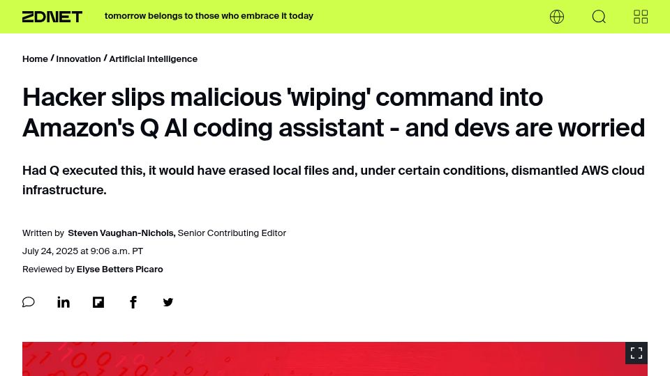 Screenshot of zdnet.com: Hacker slips malicious 'wiping' command into Amazon's Q AI coding assistant