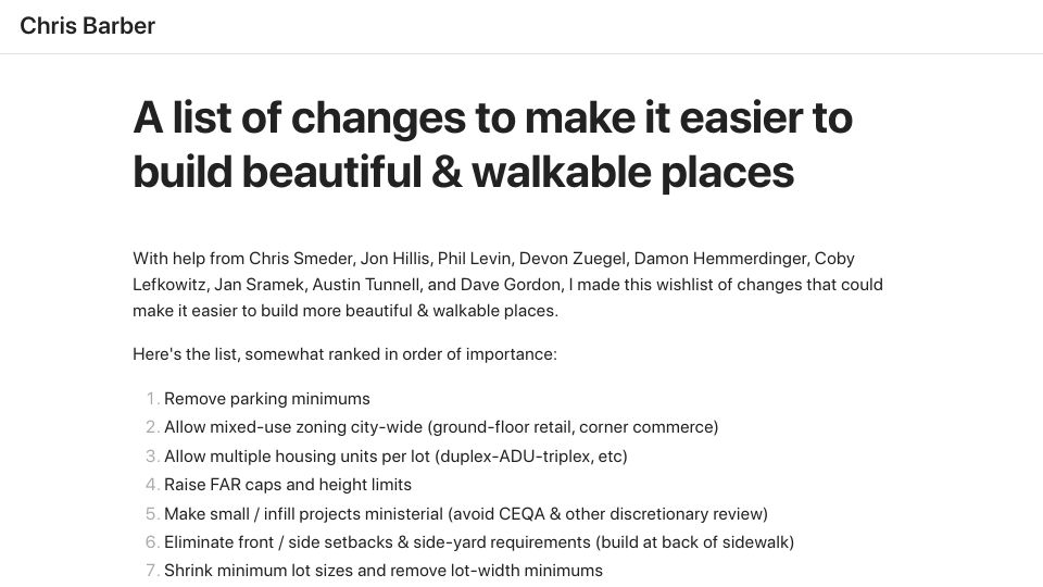 Screenshot of chrisbarber.co: A list of changes to make it easier to build beautiful and walkable places