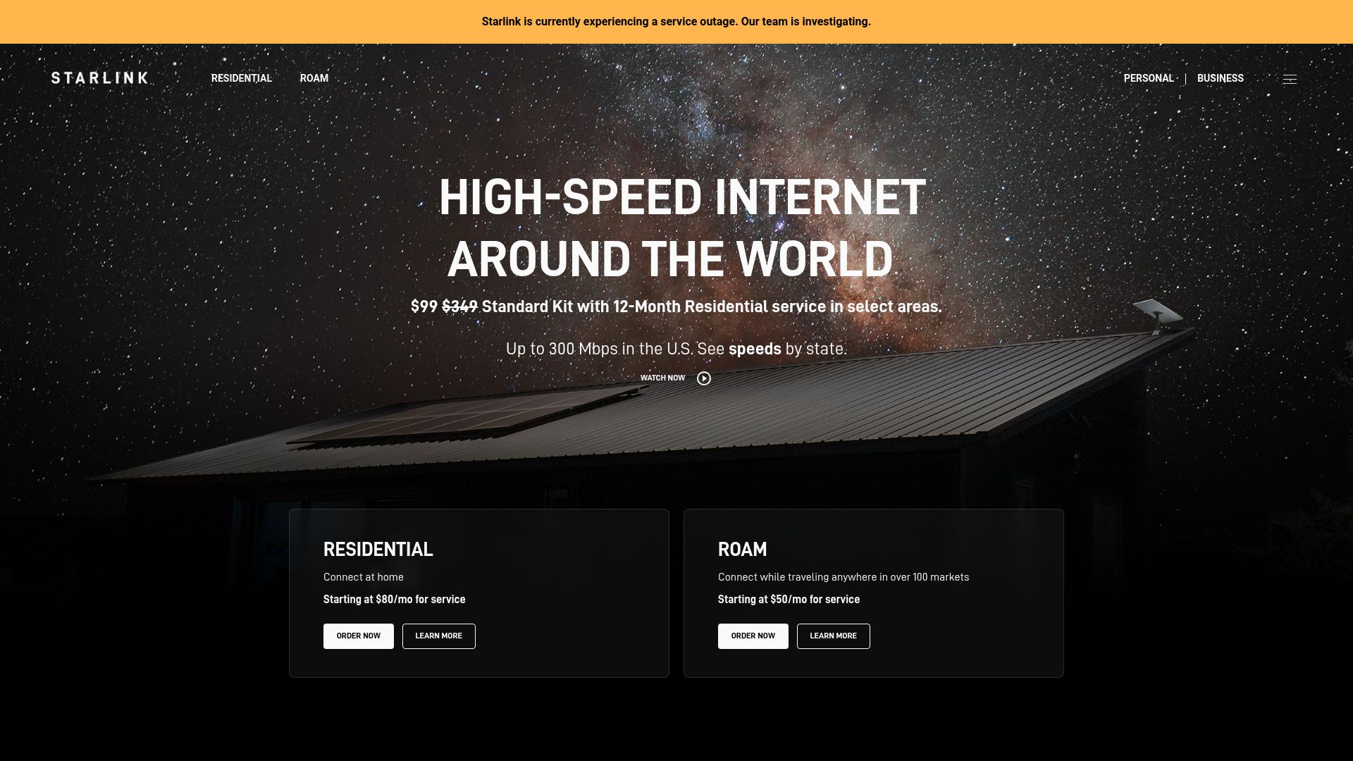 Screenshot of starlink.com: Starlink is currently experiencing a service outage