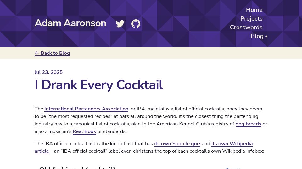 Screenshot of aaronson.org: I drank every cocktail