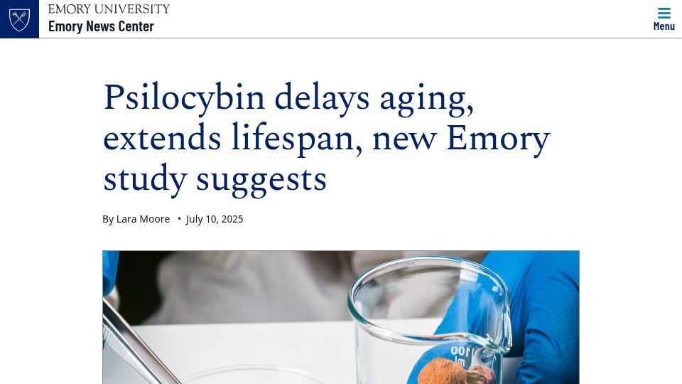 Screenshot of news.emory.edu: Psilocybin treatment extends cellular lifespan, improves survival of aged mice