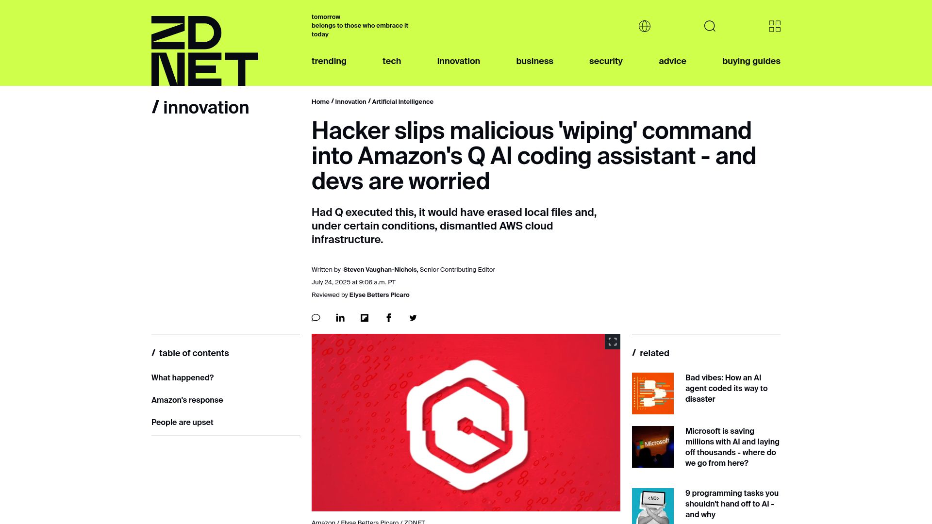 Screenshot of zdnet.com: Hacker slips malicious 'wiping' command into Amazon's Q AI coding assistant