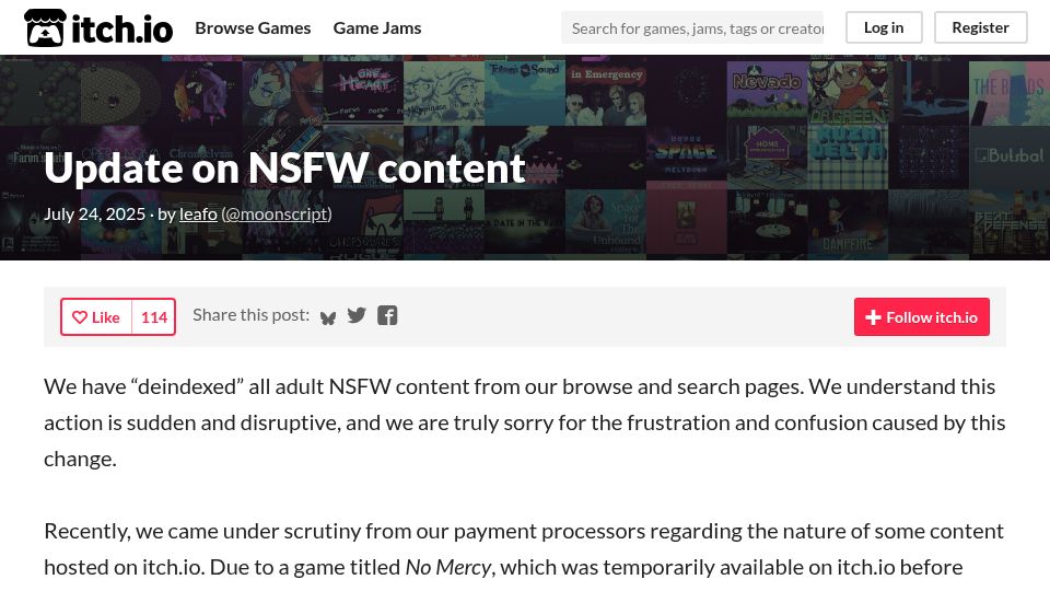 Screenshot of itch.io: Itch.io: Update on NSFW Content