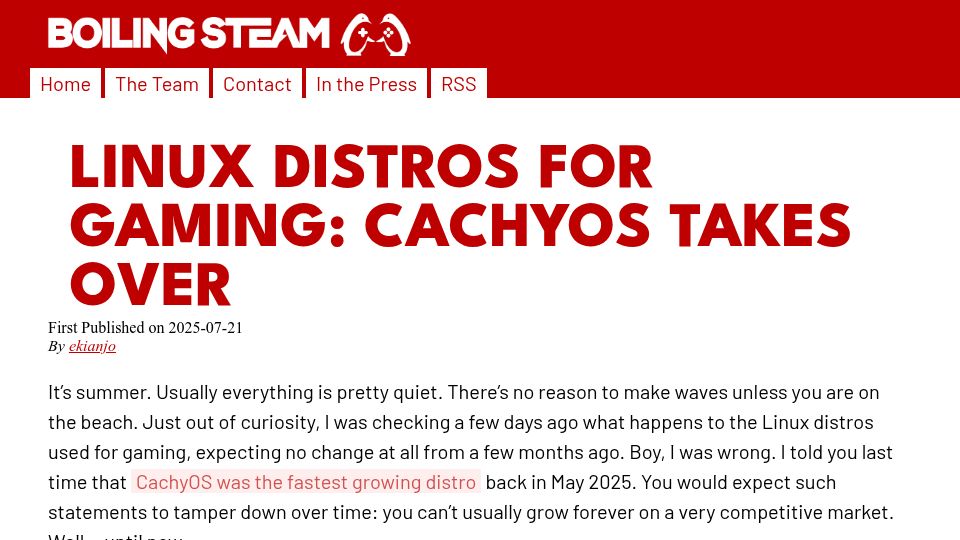 Screenshot of boilingsteam.com: Linux Distros for Gaming: CachyOS Takes Over, According to ProtonDB