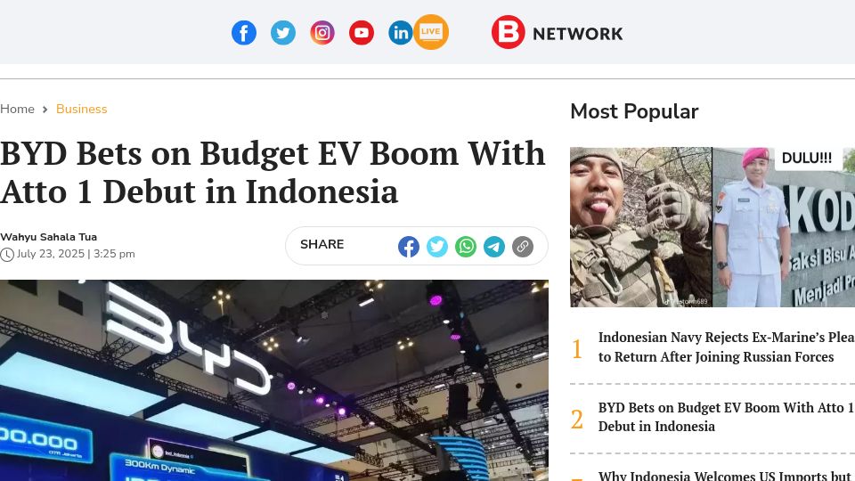 Screenshot of jakartaglobe.id: BYD Bets on Budget EV Boom with Atto 1 Debut in Indonesia