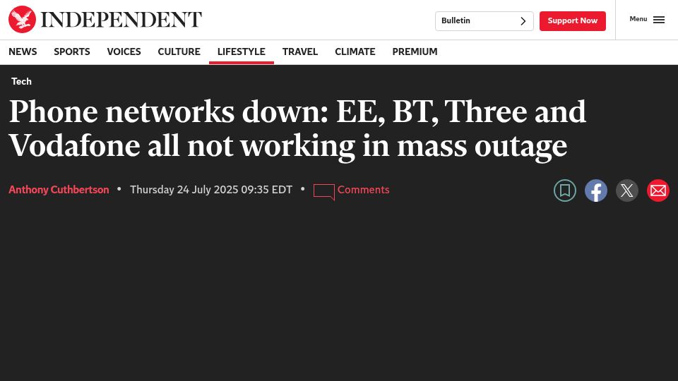 Screenshot of the-independent.com: UK: Phone networks down: EE, BT, Three, Vodafone, O2 not working in mass outage