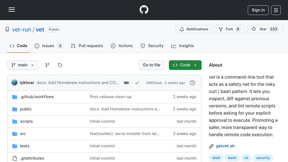 Screenshot of github.com: Vet is a safety net for the curl | bash pattern