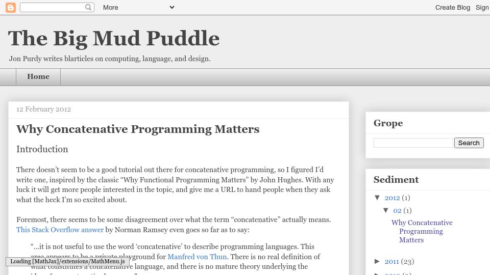 Screenshot of evincarofautumn.blogspot.com: Why concatenative programming matters (2012)