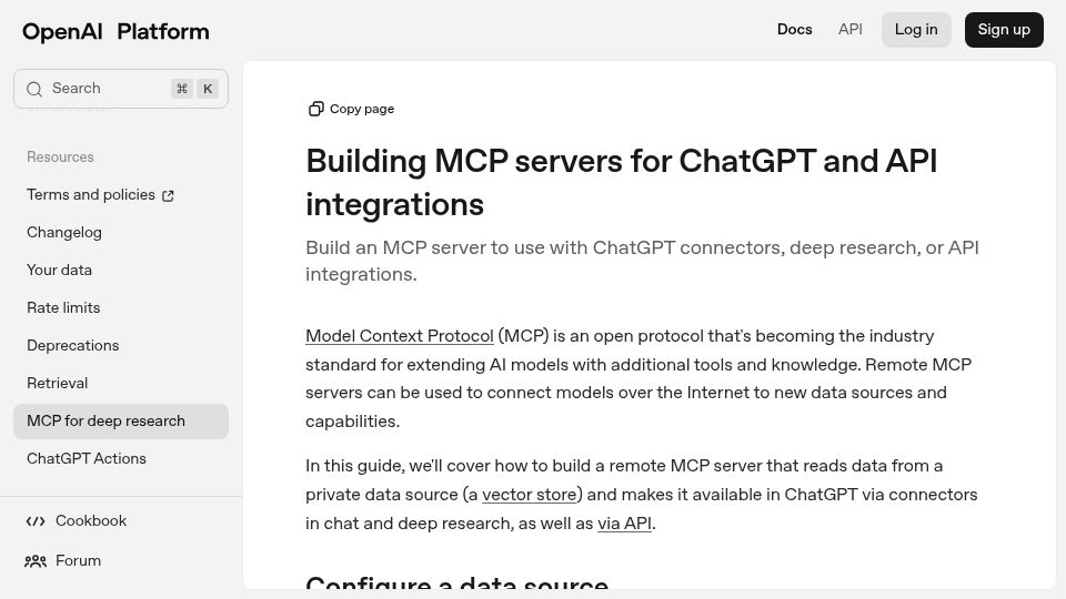 Screenshot of platform.openai.com: Building MCP servers for ChatGPT and API integrations