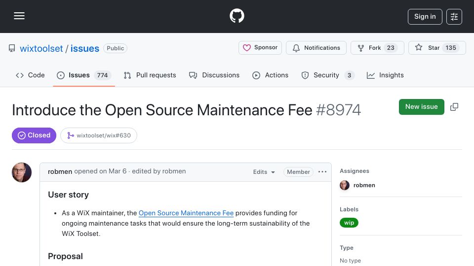 Screenshot of github.com: Open Source Maintenance Fee