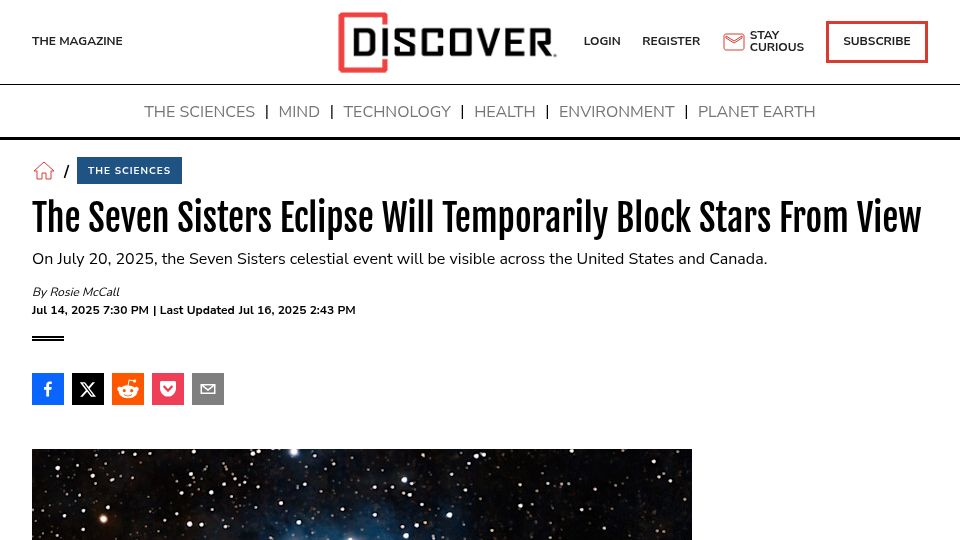 Screenshot of discovermagazine.com: Seven Sisters eclipse will temporarily block stars from view