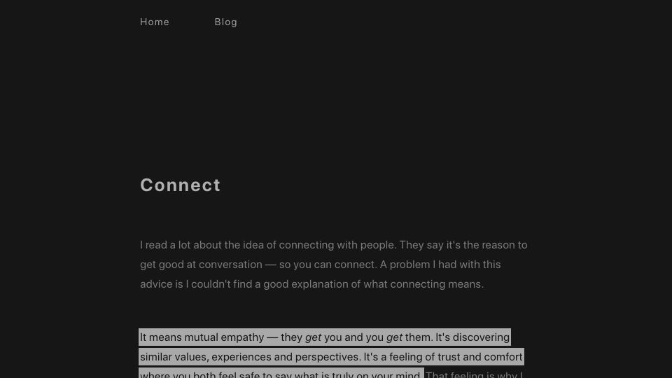 Screenshot of talk.bradwoods.io: What does connecting with someone mean?