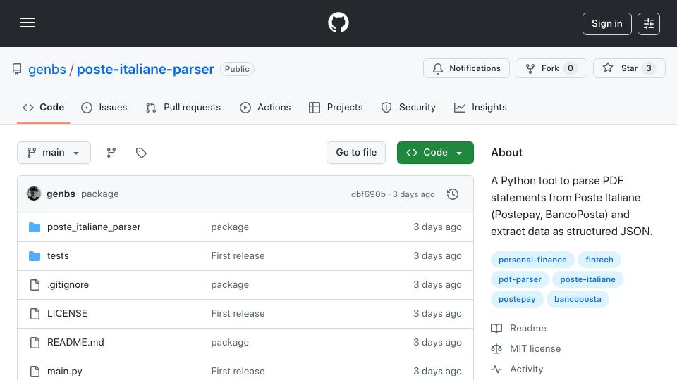 Screenshot of github.com: A Python tool to parse PDF statements from Poste Italiane