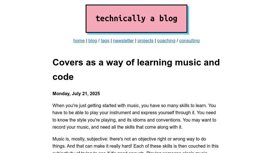Screenshot of ntietz.com: Covers as a way of learning music and code