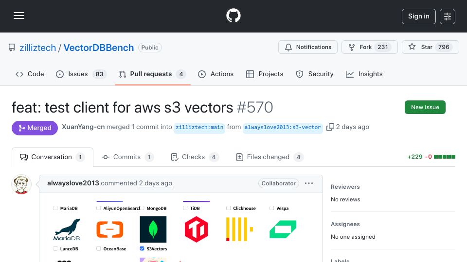 Screenshot of github.com: VectorDB bench now support S3Vector