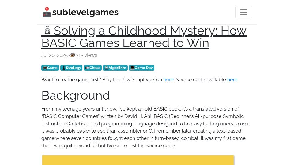 Screenshot of sublevelgames.github.io: Solving a Childhood Mystery: How BASIC Games Learned to Win