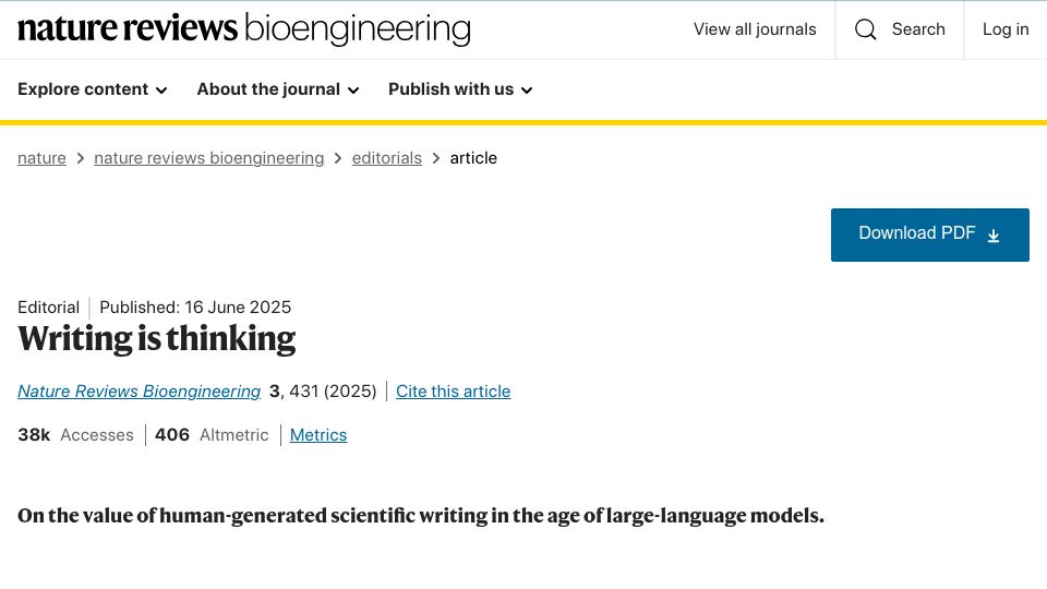Screenshot of nature.com: Writing is thinking
