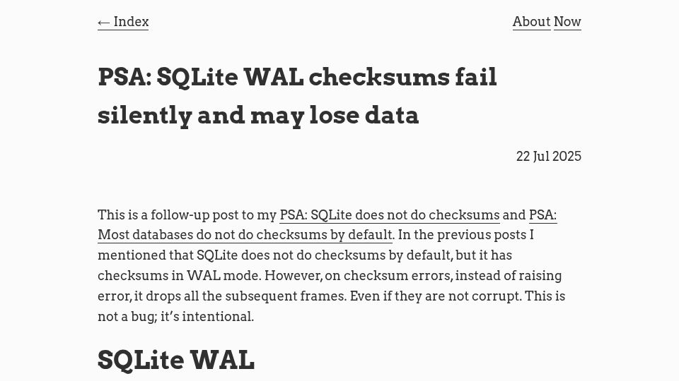 Screenshot of avi.im: PSA: SQLite WAL checksums fail silently and may lose data
