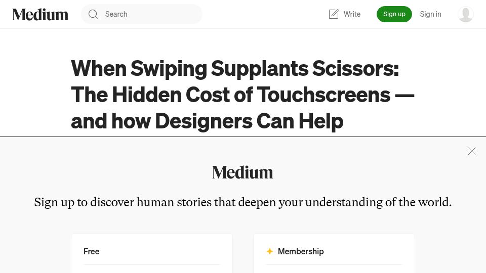Screenshot of caseorganic.medium.com: When swiping supplants scissors: The hidden cost of touchscreens