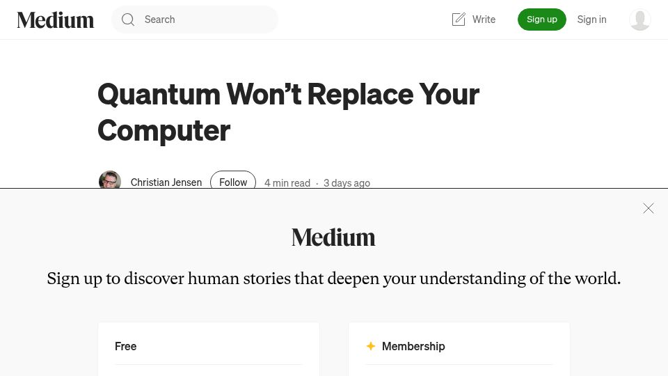 Screenshot of medium.com: Quantum Won't Replace Your Computer