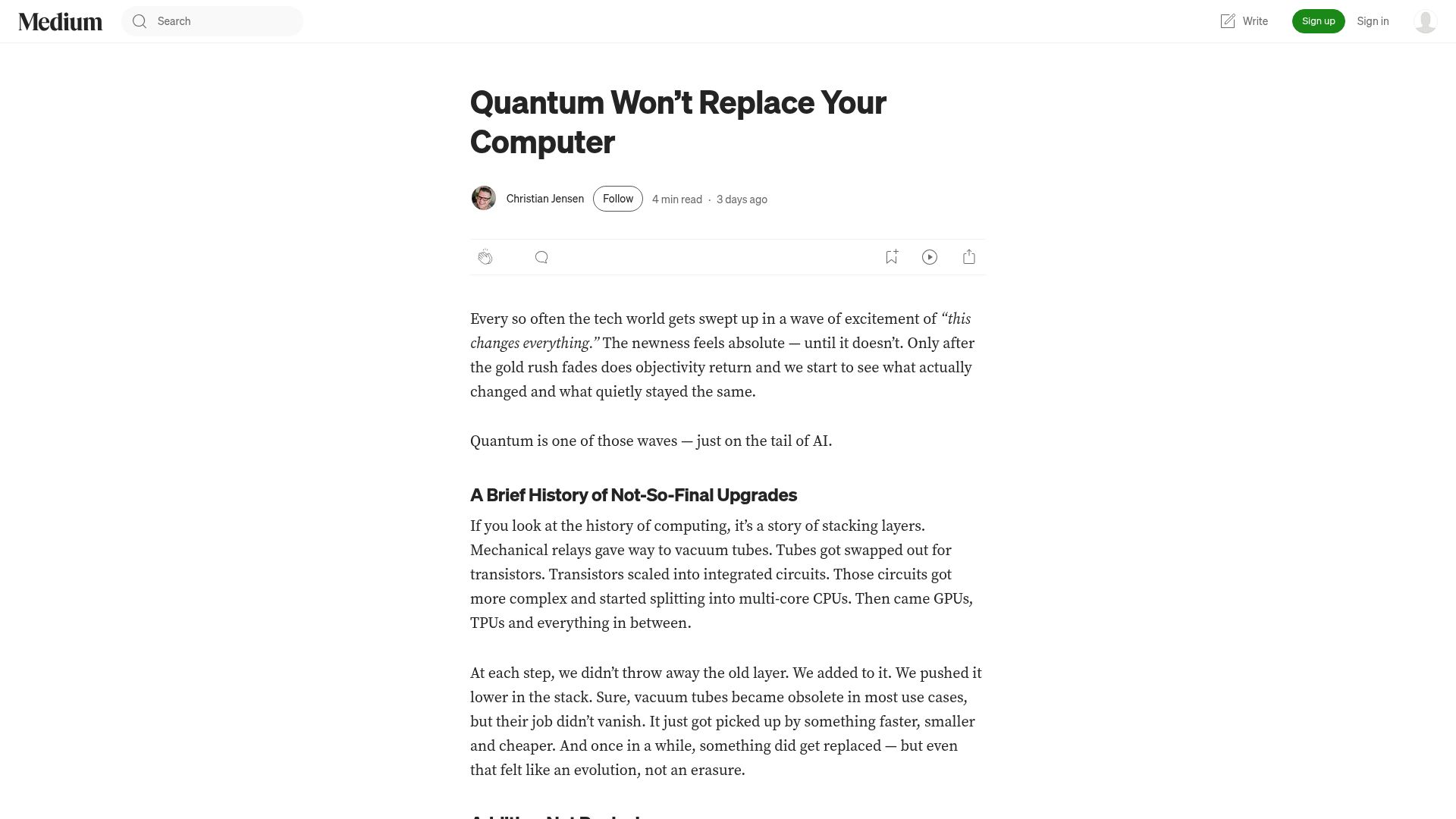 Screenshot of medium.com: Quantum Won't Replace Your Computer