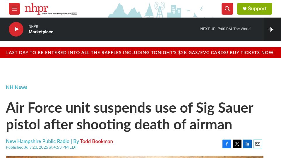 Screenshot of nhpr.org: Air Force unit suspends use of Sig Sauer pistol after shooting death of airman