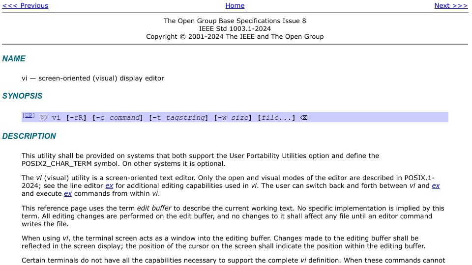 Screenshot of pubs.opengroup.org: The POSIX specification of vi