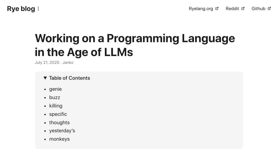 Screenshot of ryelang.org: Working on a Programming Language in the Age of LLMs