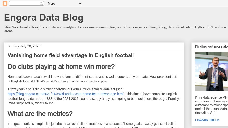 Screenshot of blog.engora.com: Vanishing home field advantage in English football