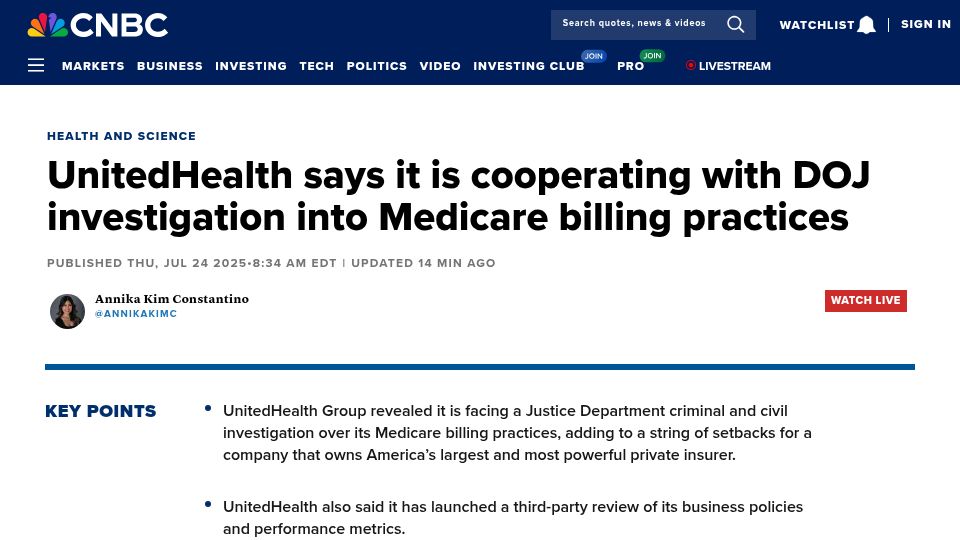 Screenshot of cnbc.com: UnitedHealth says it is facing DOJ investigation over Medicare billing practices
