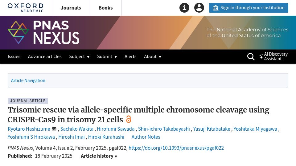 Screenshot of academic.oup.com: Scientists may have found a way to eliminate chromosome linked to Down syndrome