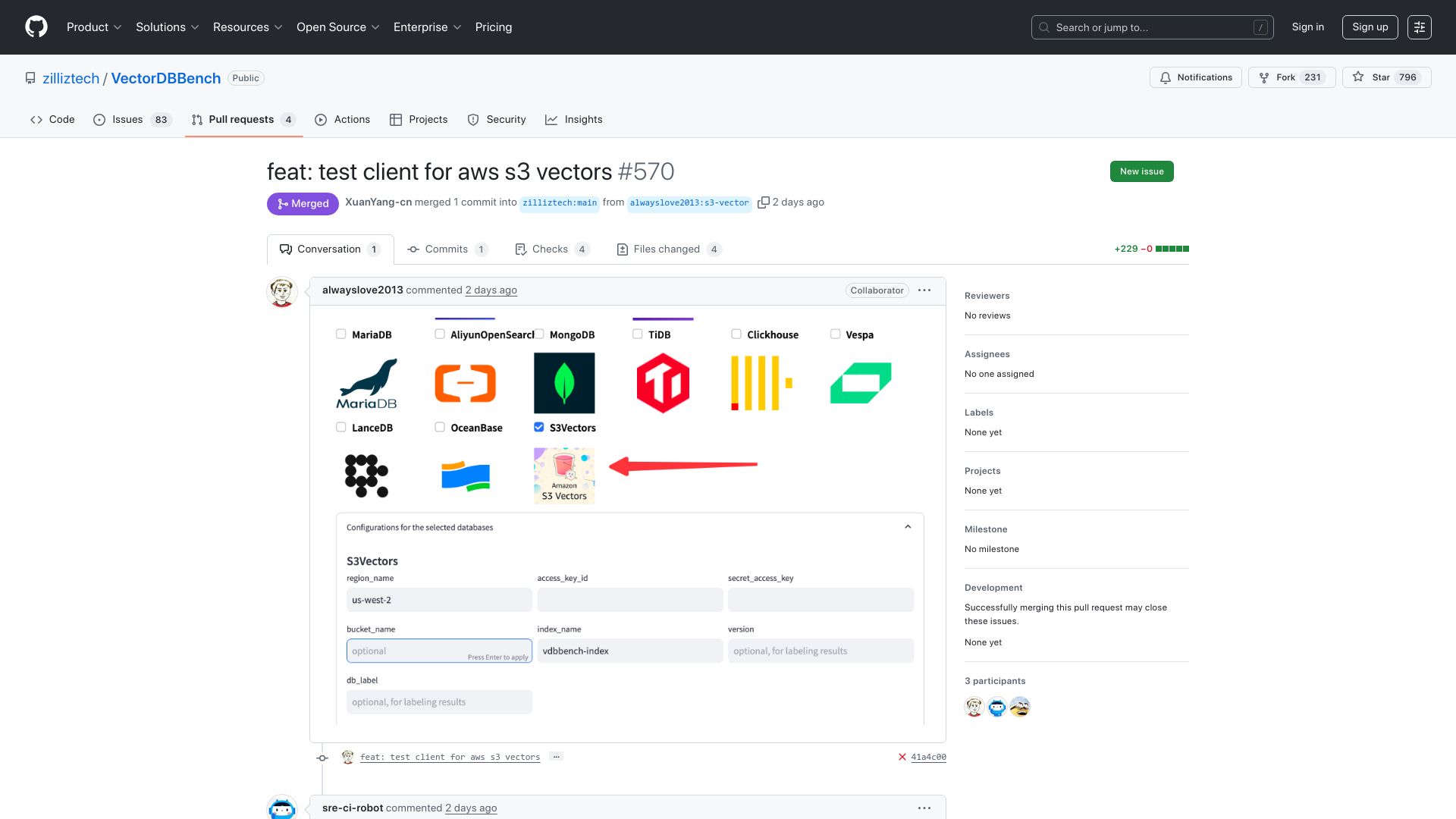 Screenshot of github.com: VectorDB bench now support S3Vector
