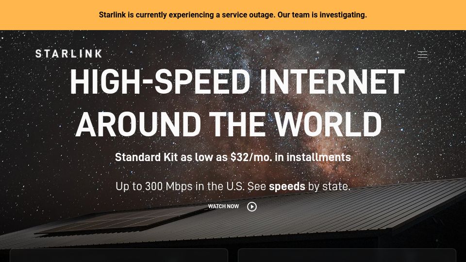 Screenshot of starlink.com: Starlink is currently experiencing a service outage