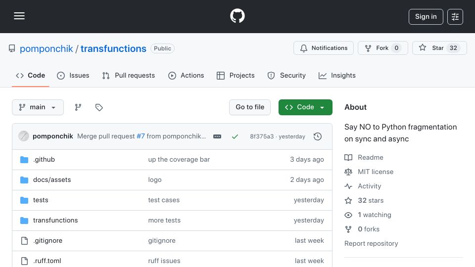 Screenshot of github.com: Superfunctions: A universal solution against sync/async fragmentation in Python